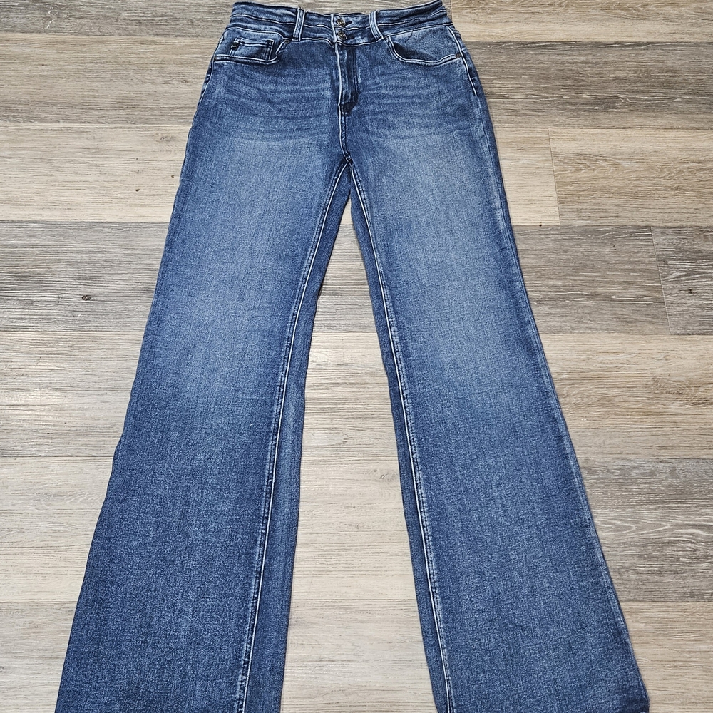 Blue Flare Wide Leg Jeans with Mid Rise Waist